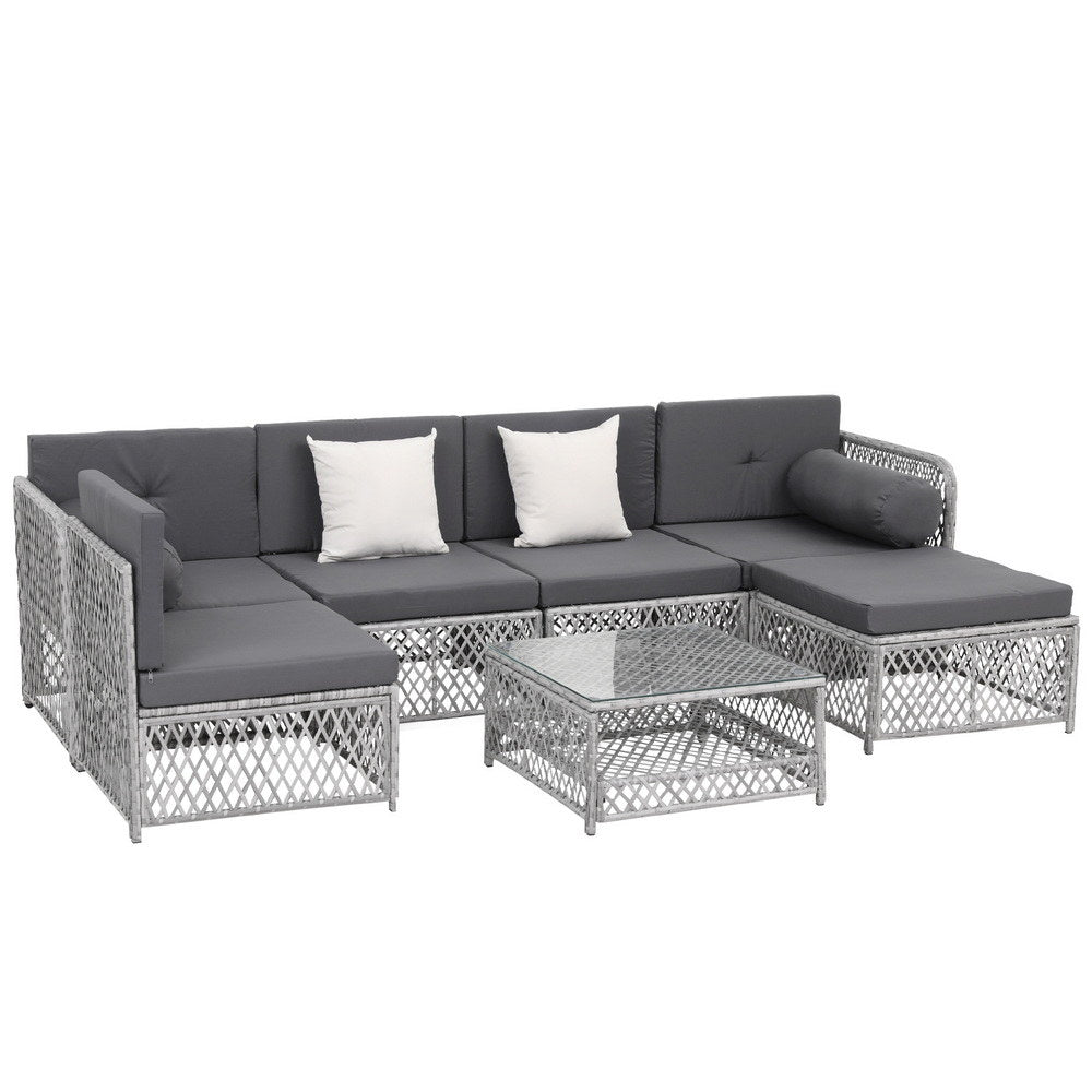 Outdoor Rattan Sofa Set 6 Seater | 7pc Table & Chairs | Patio Furniture