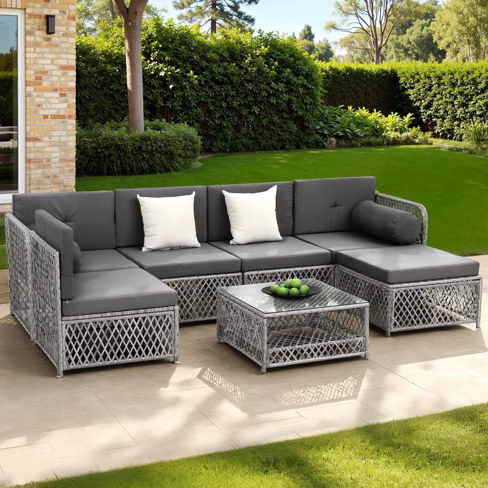 Outdoor Rattan Sofa Set 6 Seater | 7pc Table & Chairs | Patio Furniture