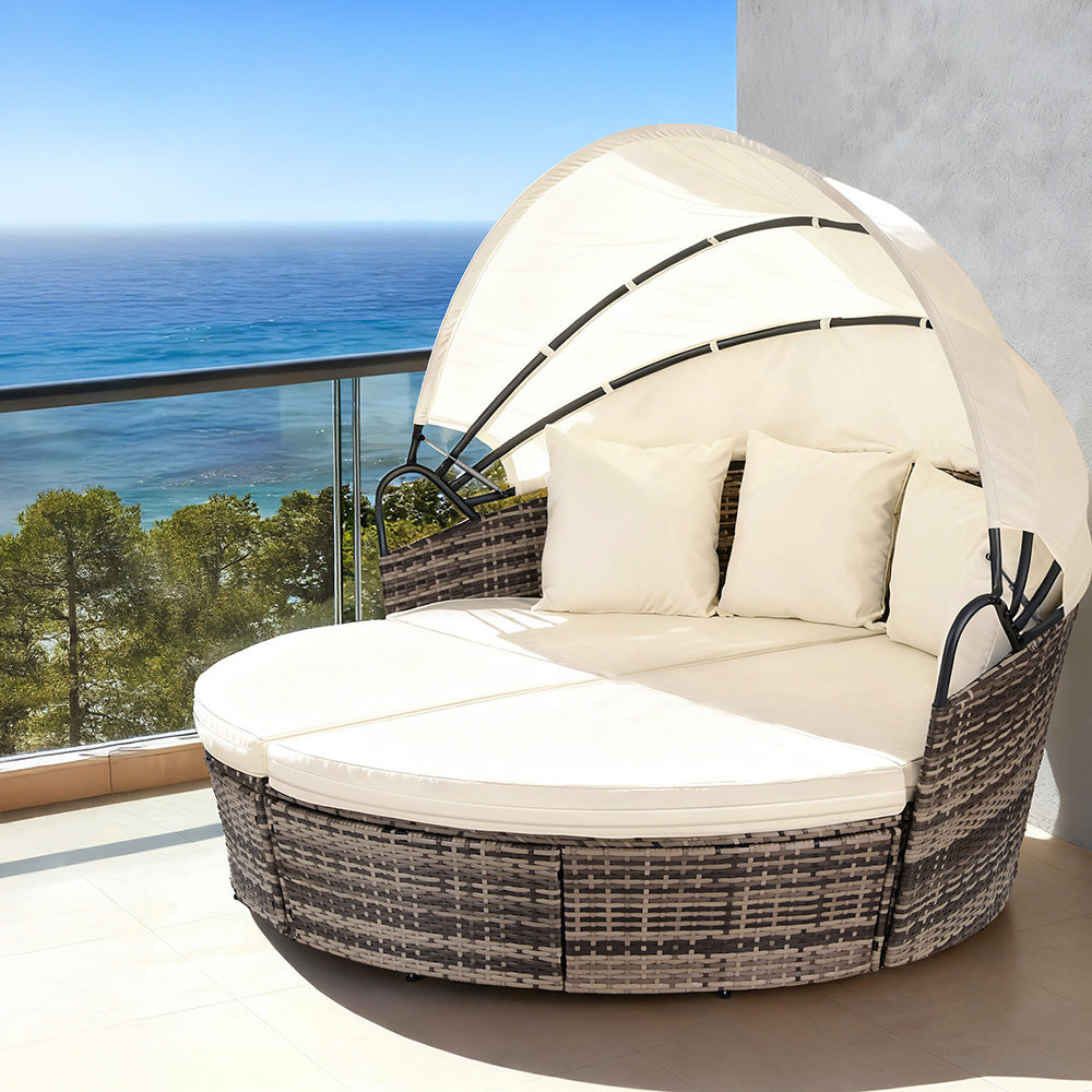 Outdoor Day Bed Set 3pc | Wicker Sun Lounge Setting | Beige