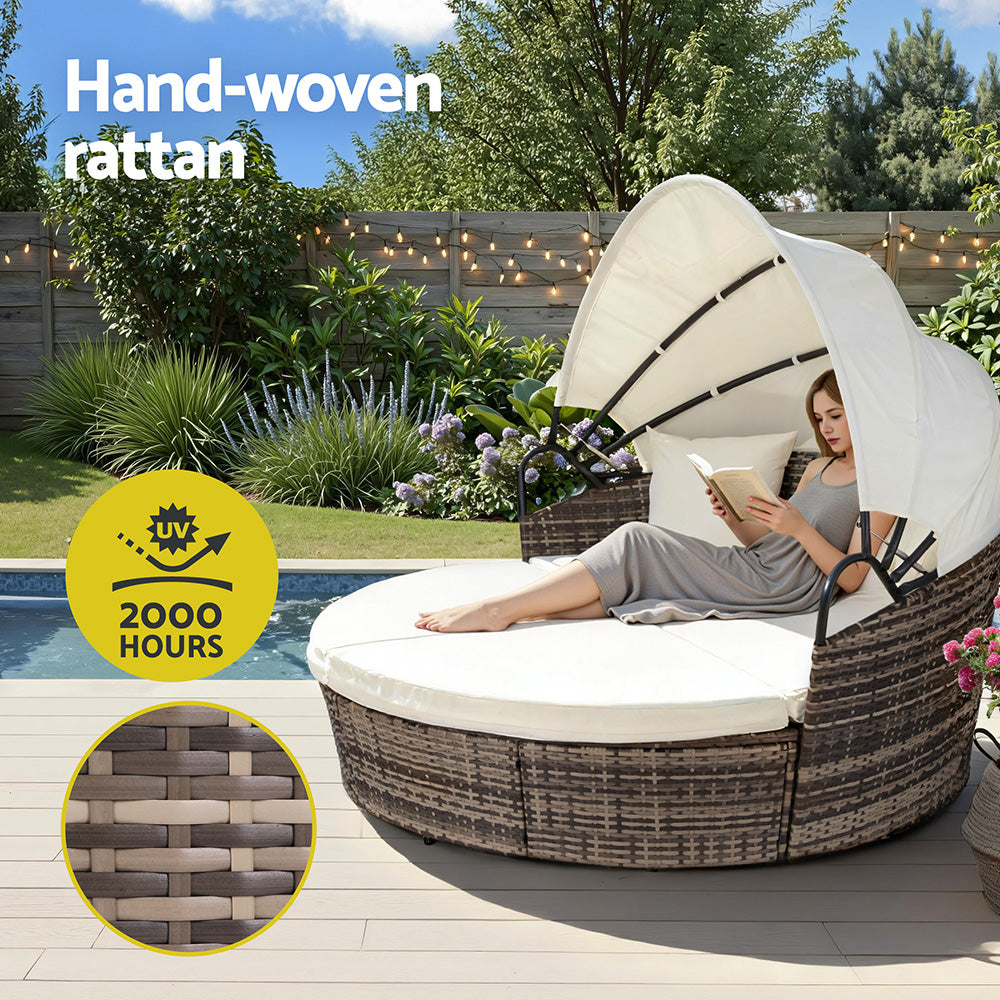 Outdoor Day Bed Set 3pc | Wicker Sun Lounge Setting | Beige