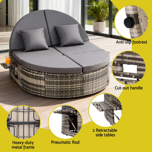 Wicker Day Bed | Outdoor Sun Lounge | Retractable Side Tray Included