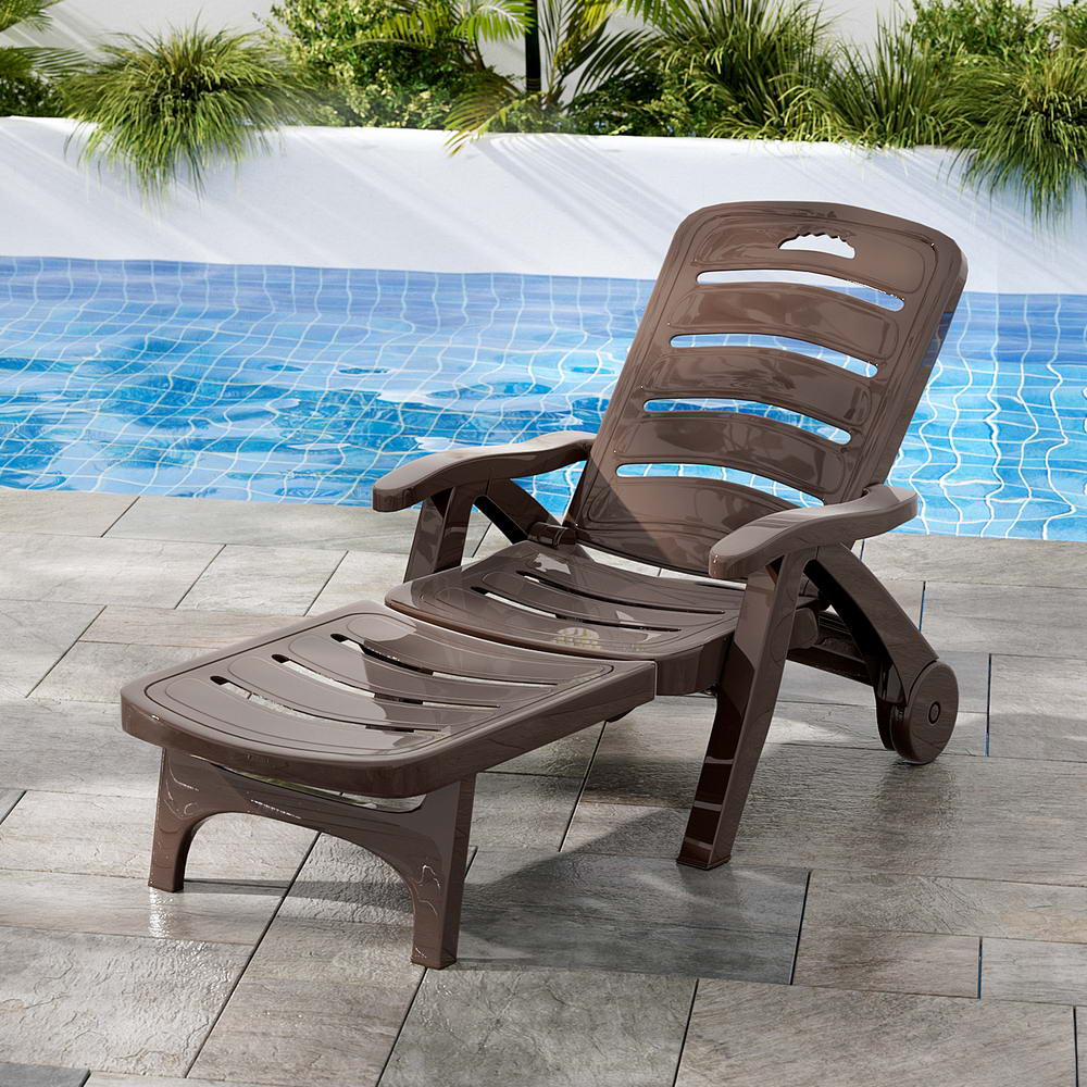 Sun Lounger | Folding Lounge Chair with Wheels | Patio Outdoor Furniture | Brown