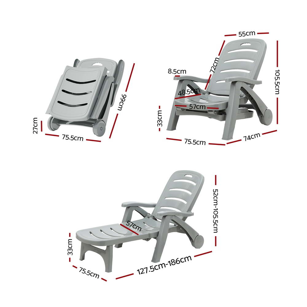 Sun Lounger | Folding Lounge Chair | Wheels | Patio Outdoor Furniture | Grey