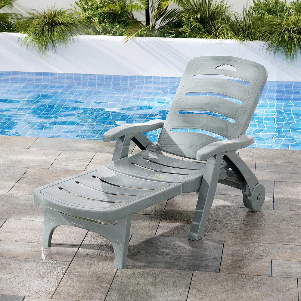 Sun Lounger | Folding Lounge Chair | Wheels | Patio Outdoor Furniture | Grey
