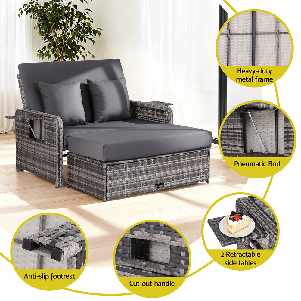 Outdoor Wicker Day Bed | Sun Lounge Setting | Grey