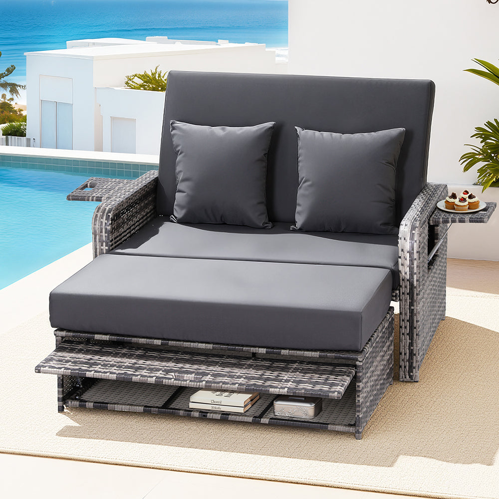 Outdoor Wicker Day Bed | Sun Lounge Setting | Grey
