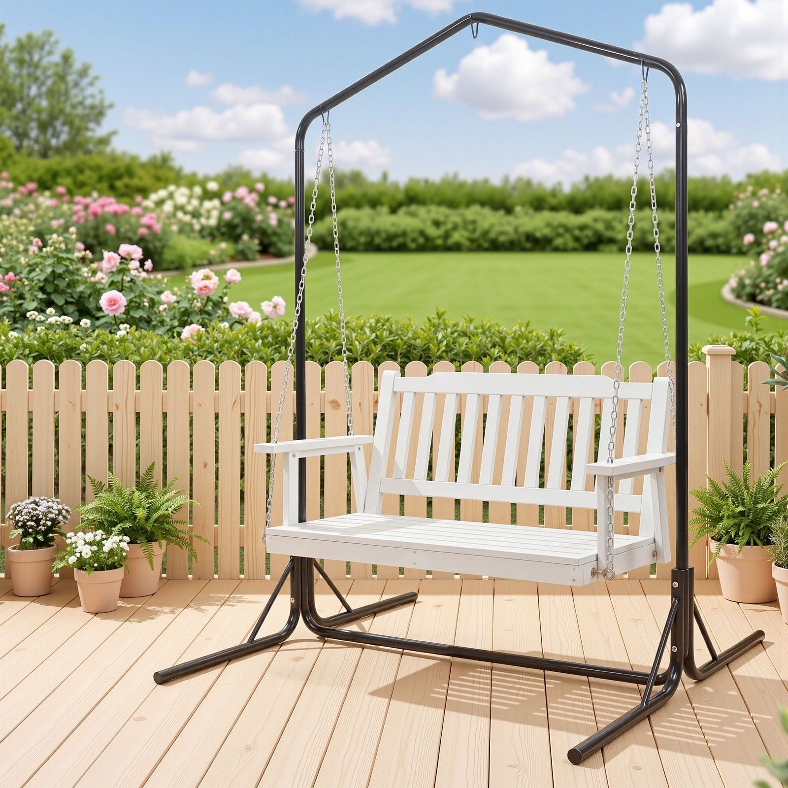 Wooden Outdoor Swing Chair | 2 Seater White Hanging Seat with Black Stand