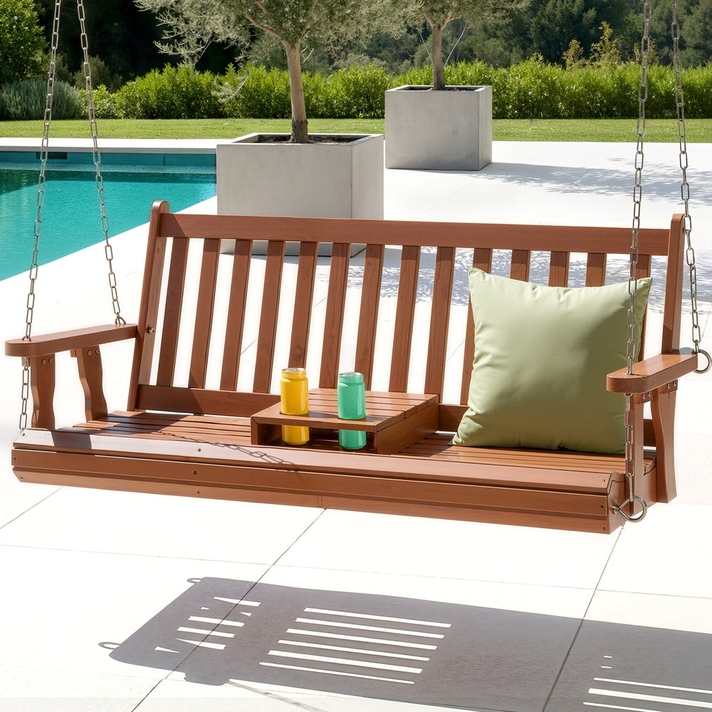 Porch Swing Chair | Wooden Bench | 2 Seater | Cup Holder