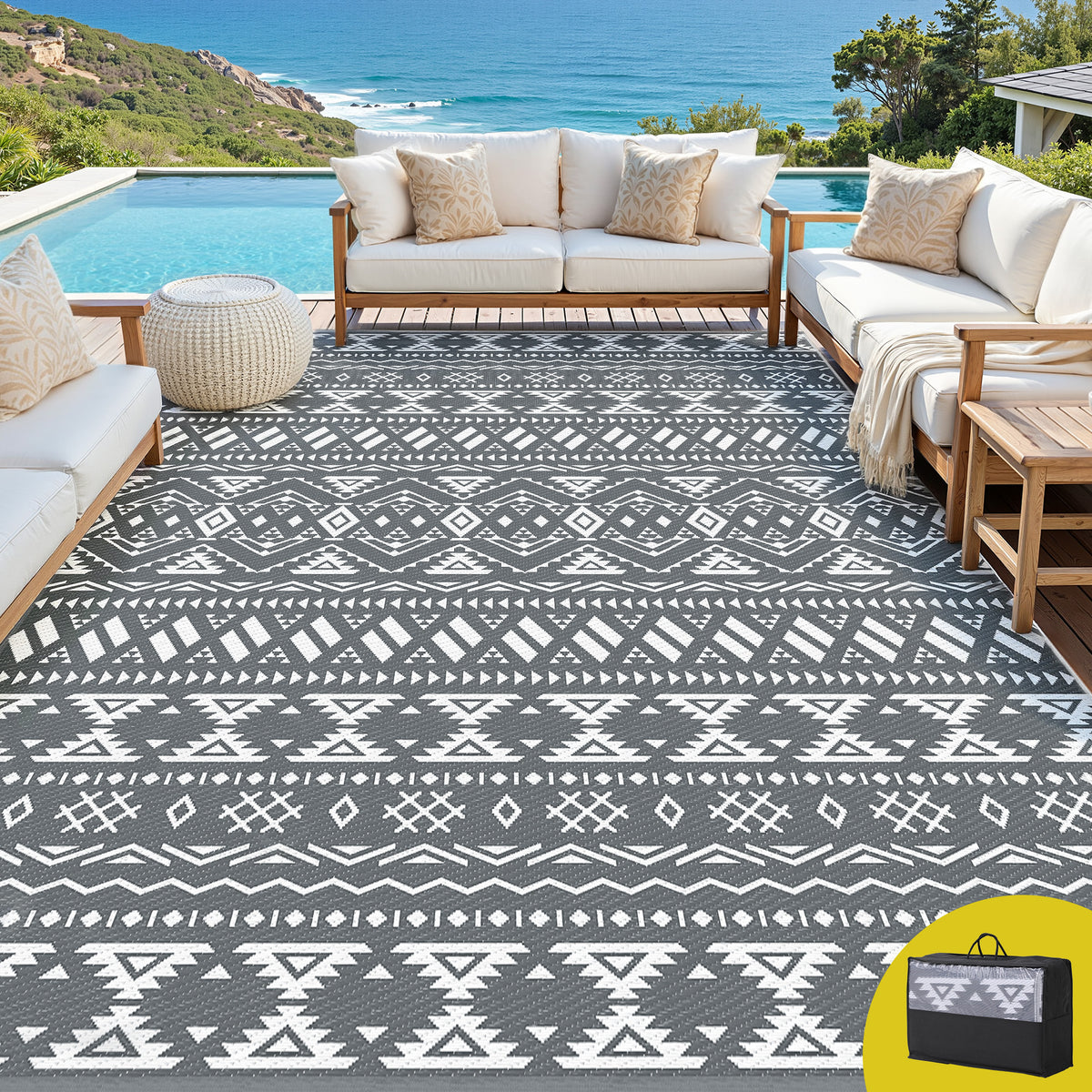 Reversible Outdoor Rug | 274x366cm | PP Dual-Sided Patio Mat | Bohemian