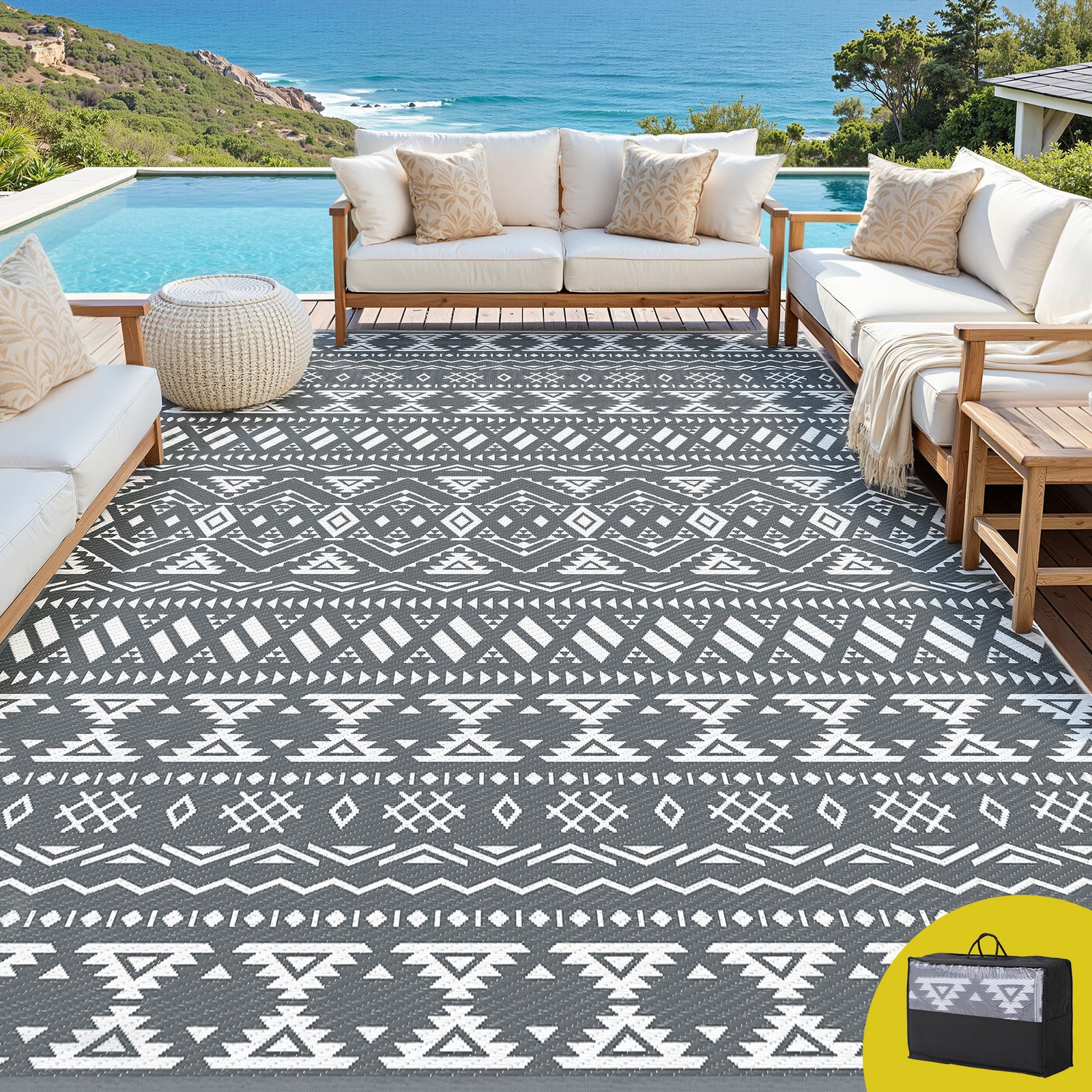 Reversible Outdoor Rug | 274x366cm | PP Dual-Sided Patio Mat | Bohemian