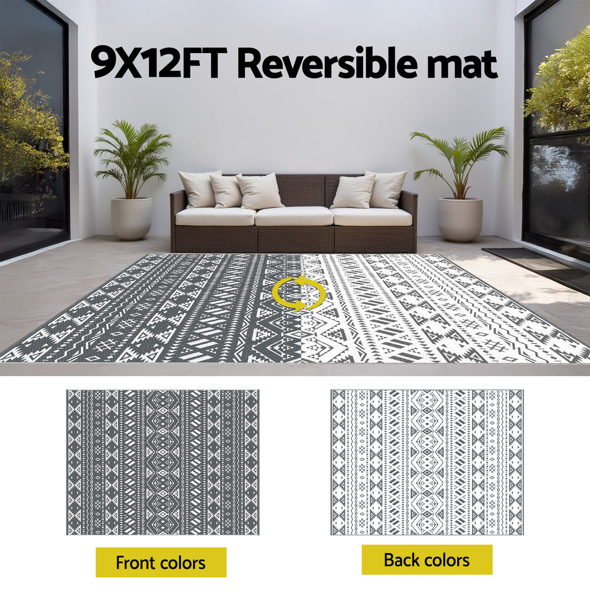 Reversible Outdoor Rug | 274x366cm | PP Dual-Sided Patio Mat | Bohemian