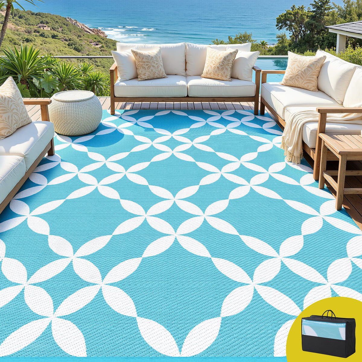 Reversible Outdoor Rug | 274x366cm | PP Dual-Sided Patio Mat | Light Blue