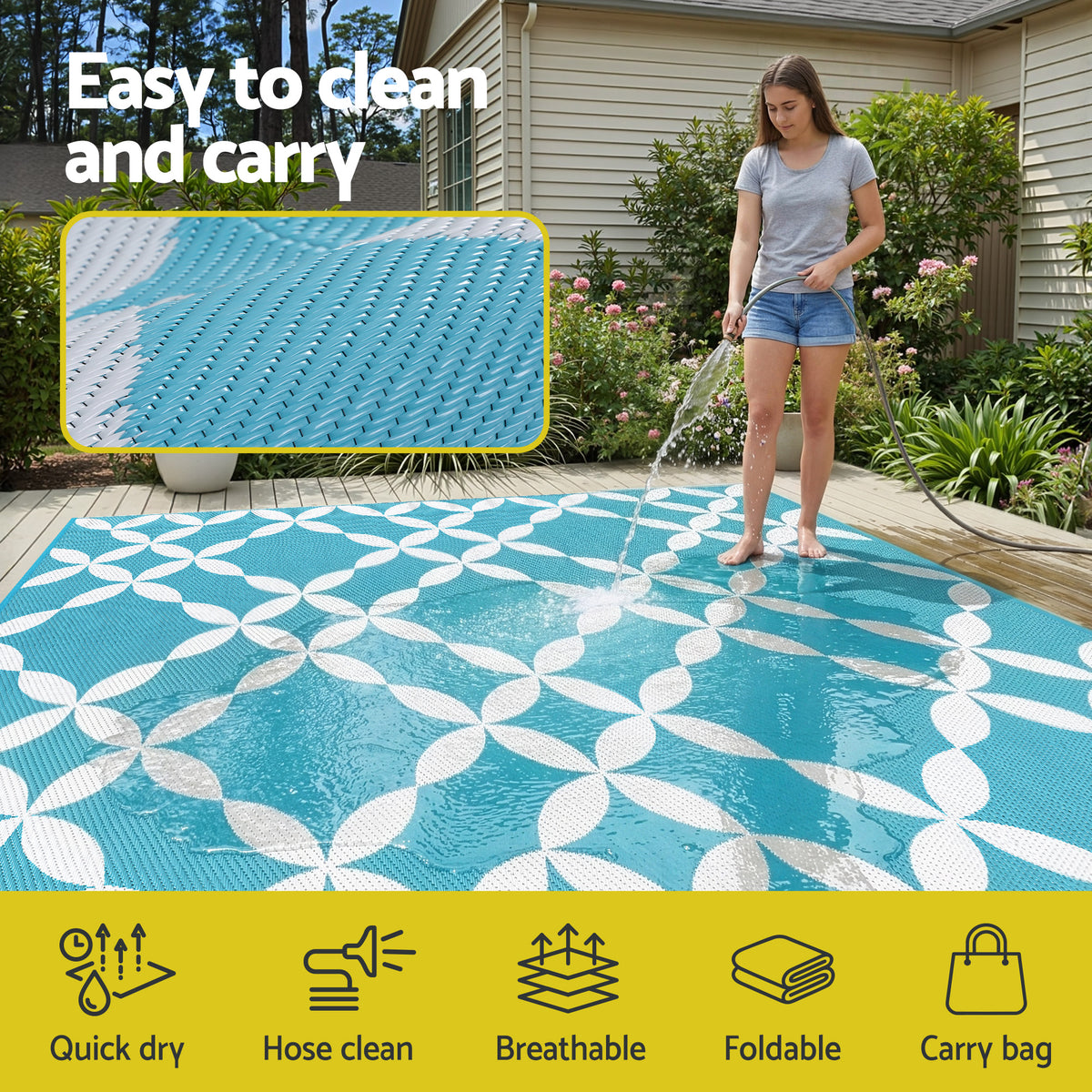 Reversible Outdoor Rug | 274x366cm | PP Dual-Sided Patio Mat | Light Blue
