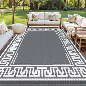 Reversible Outdoor Rug | 274x366cm | PP Dual-Sided Patio Mat | Greek Key