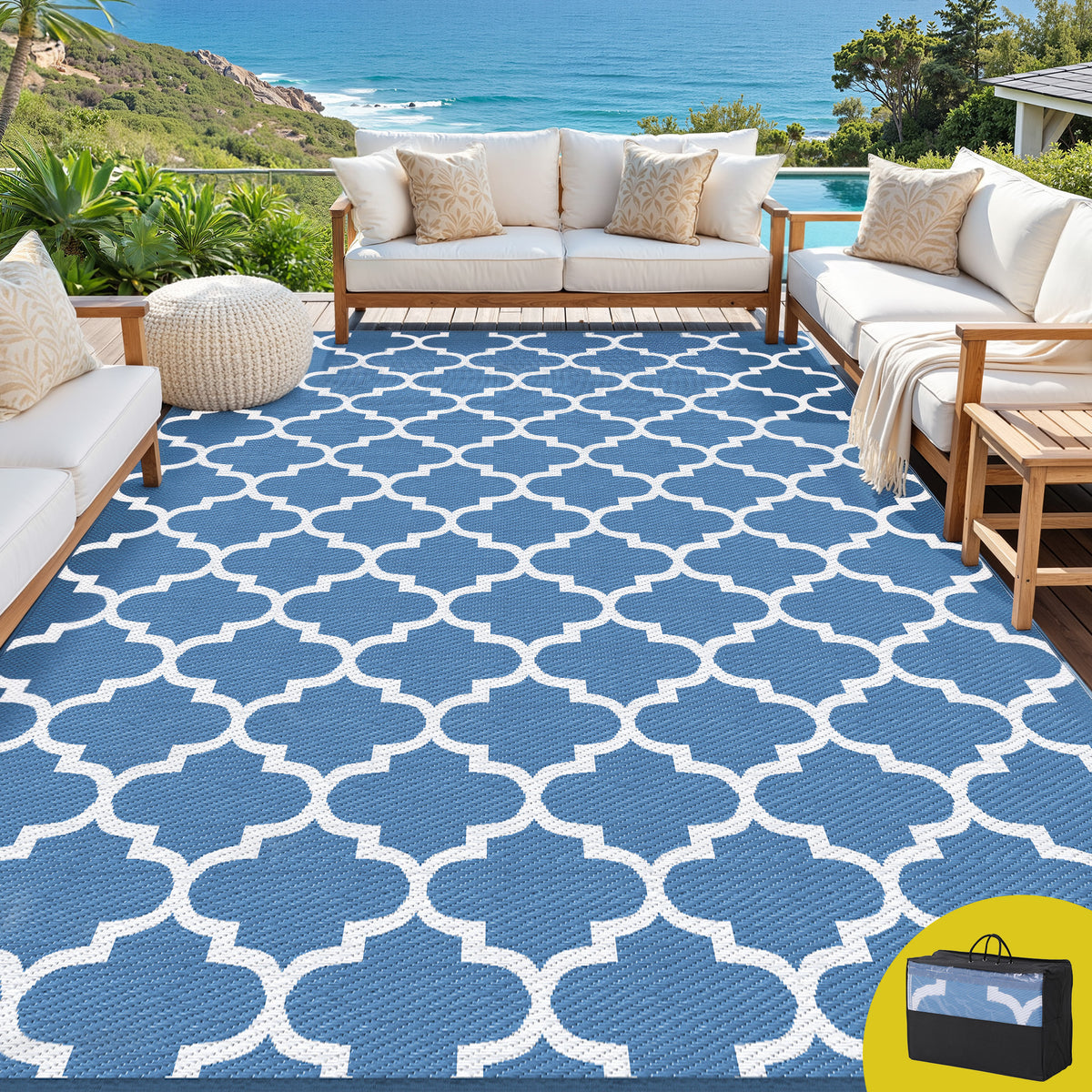 Reversible Outdoor Rug | 274x366cm | PP Dual-Sided Patio Mat | Blue