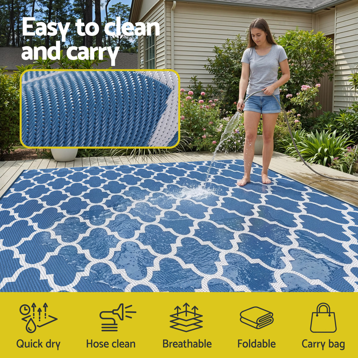 Reversible Outdoor Rug | 274x366cm | PP Dual-Sided Patio Mat | Blue