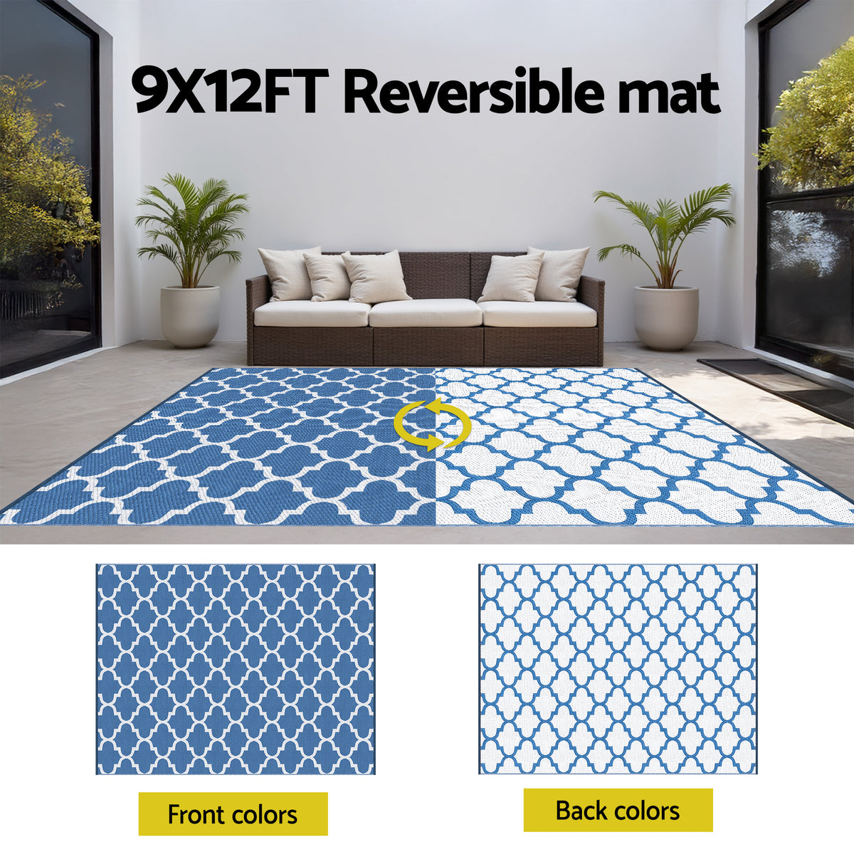 Reversible Outdoor Rug | 274x366cm | PP Dual-Sided Patio Mat | Blue