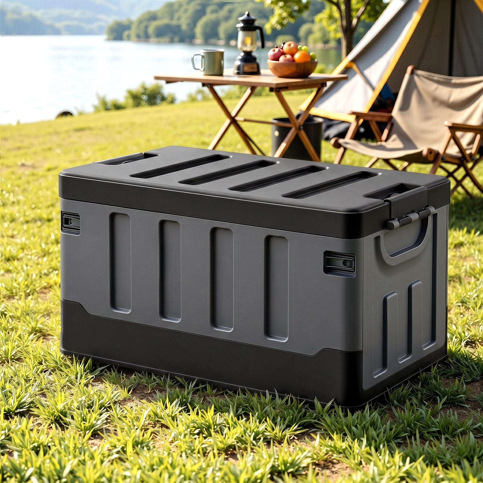 Collapsible Outdoor Storage Box | 60L Stackable Camping Organiser | Black