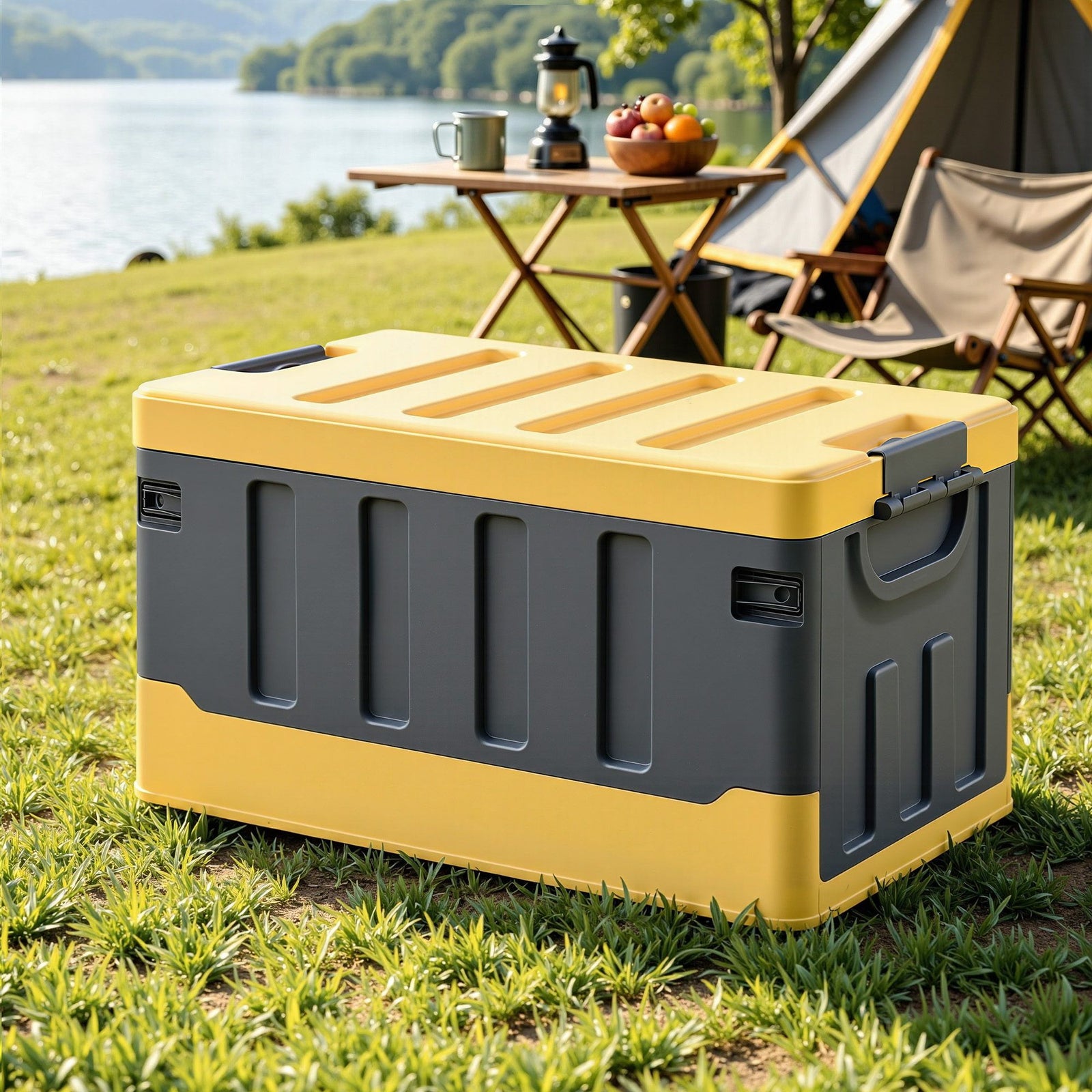 Collapsible Outdoor Storage Box | 60L Stackable Camping Organiser | Yellow