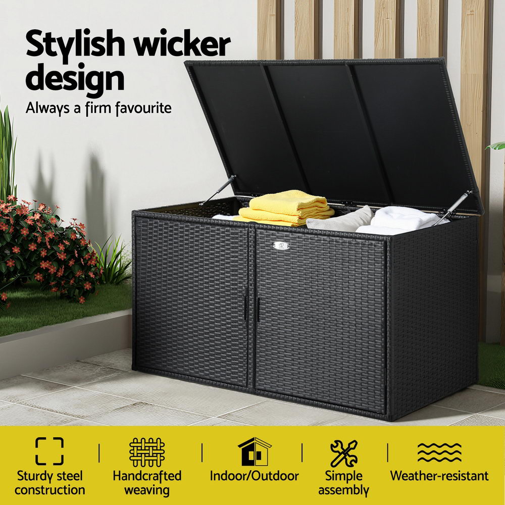 Outdoor Storage Cabinet Box | Wicker Deck Chest with Shelf | Black Garden Furniture