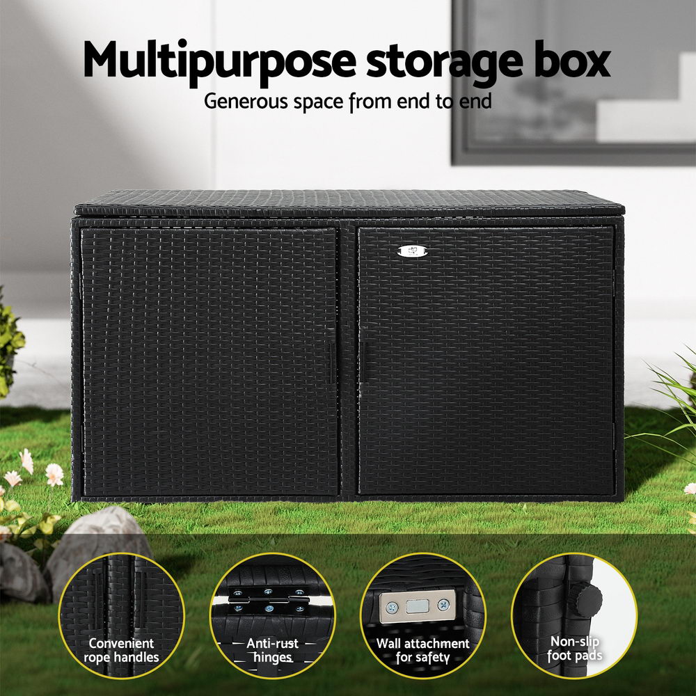 Outdoor Storage Cabinet Box | Wicker Deck Chest with Shelf | Black Garden Furniture