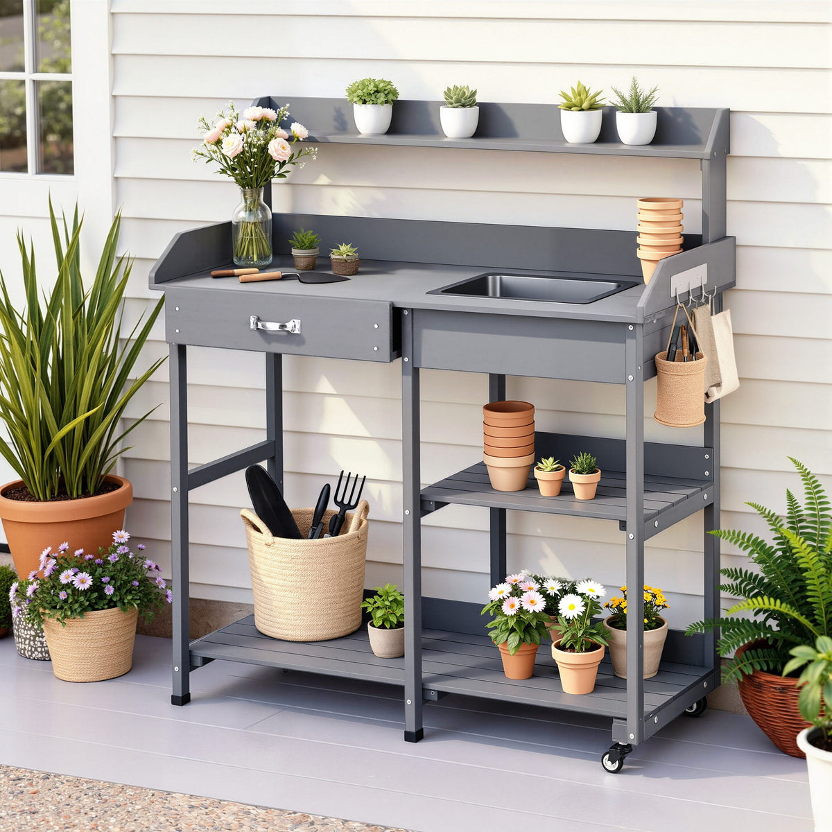 Outdoor Potting Bench | Garden Workstation | Storage Cabinet | Grey