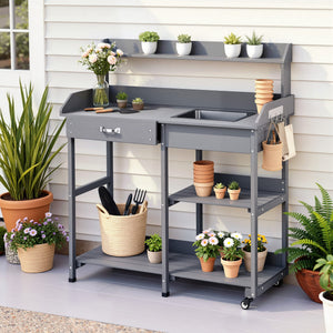 Outdoor Potting Bench | Garden Workstation | Storage Cabinet | Grey