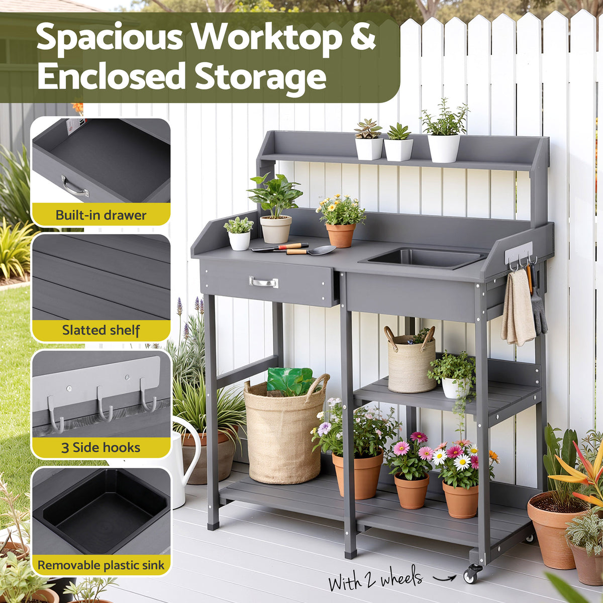 Outdoor Potting Bench | Garden Workstation | Storage Cabinet | Grey