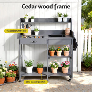 Outdoor Potting Bench | Garden Workstation | Storage Cabinet | Grey