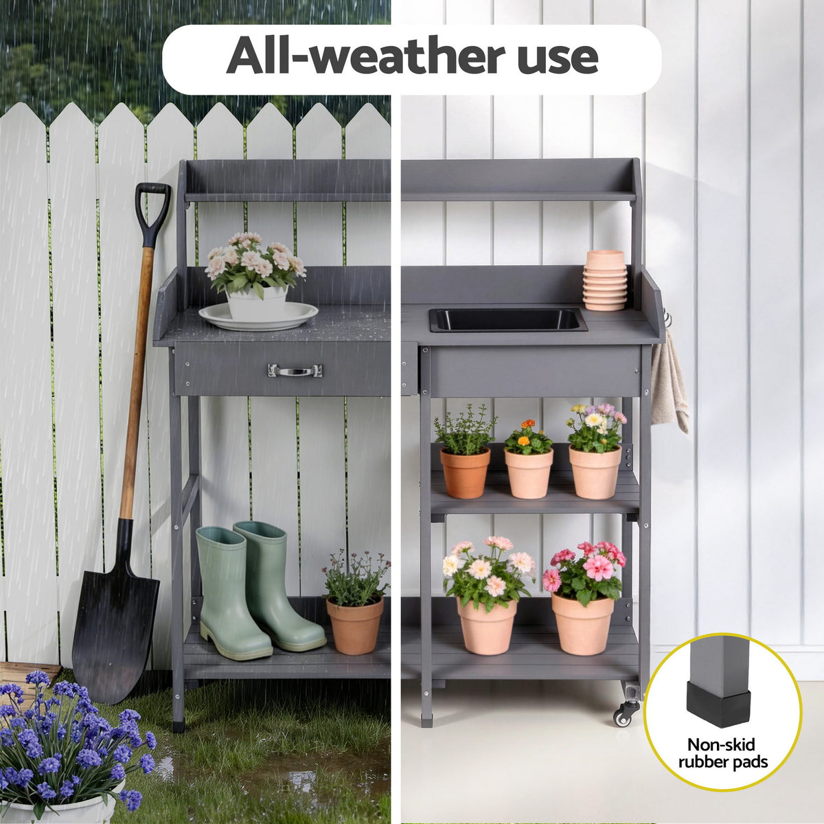 Outdoor Potting Bench | Garden Workstation | Storage Cabinet | Grey