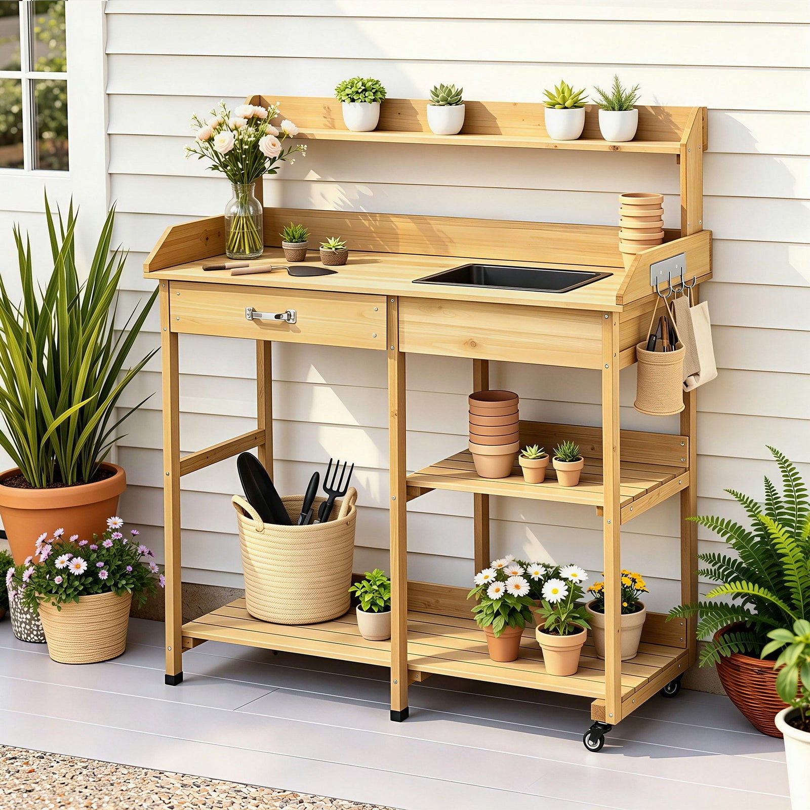 Outdoor Potting Bench | Garden Workstation with Storage Cabinet | Natural