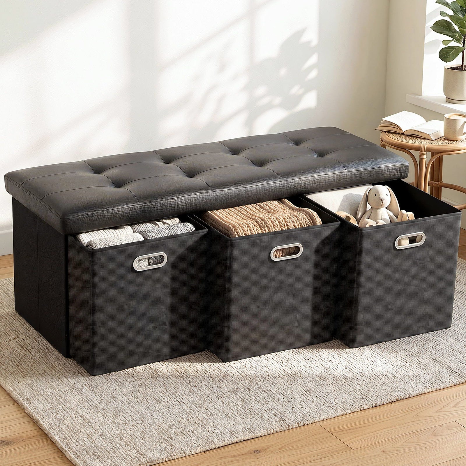 Storage Ottoman | 3 Cube Drawers & Foldable Foot Stool | Black
