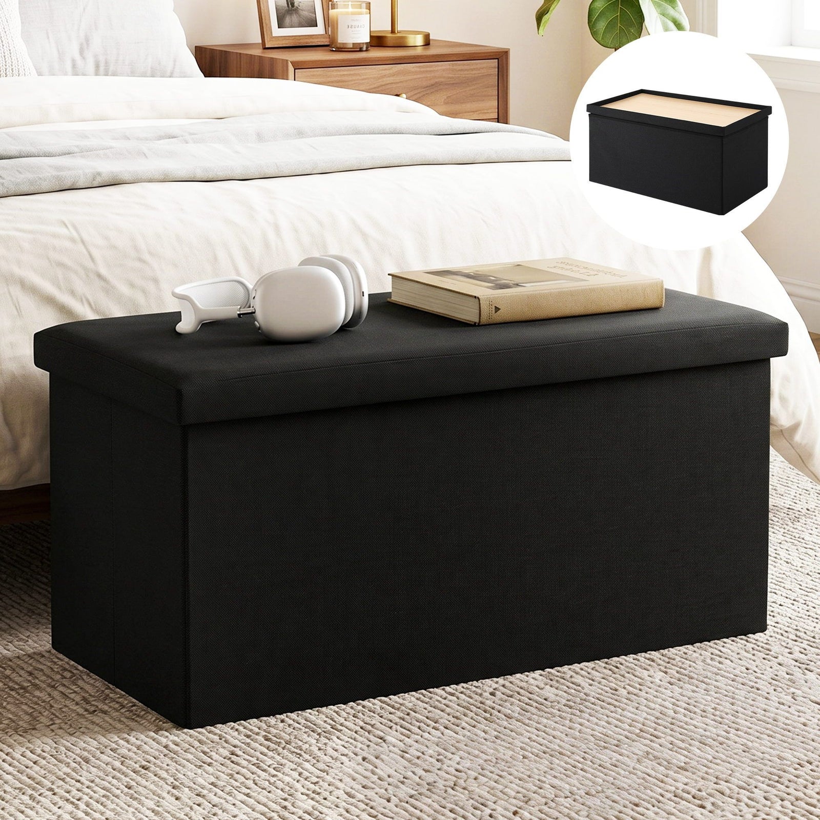 Storage Ottoman Bench | Folding Blanket Box & Toy Organiser | Black