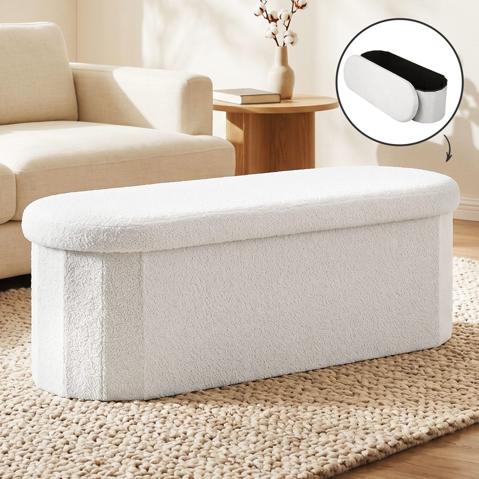 Boucle Storage Ottoman | Foldable Foot Stool | White