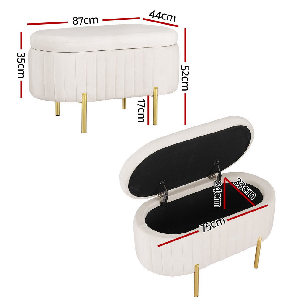 Artiss Storage Ottoman Blanket Box | 87cm | Velvet | Oval | White