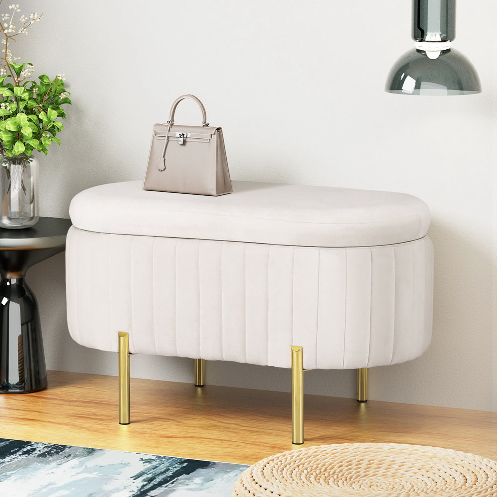 Artiss Storage Ottoman Blanket Box | 87cm | Velvet | Oval | White