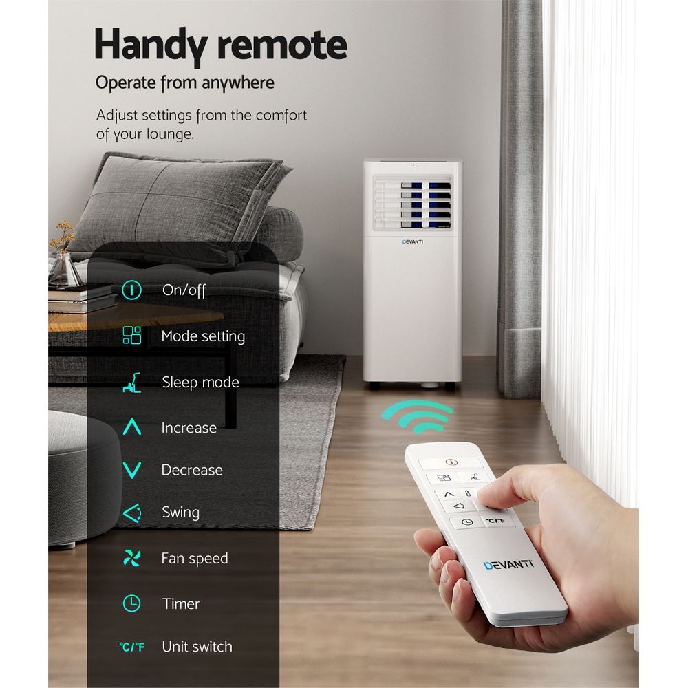 Devanti Portable Air Conditioner | 7000BTU Cooling, Mobile Fan Cooler, Dehumidifier