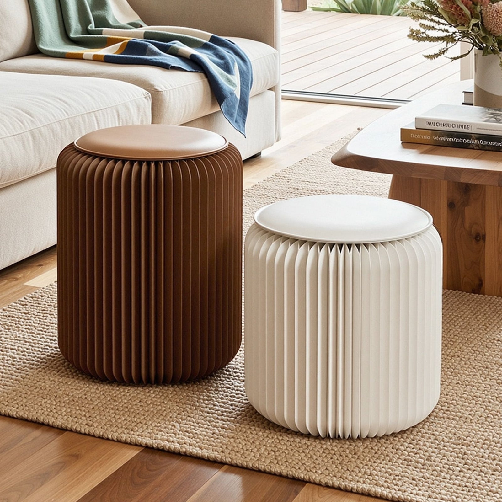 Folding Paper Stools | 2 Pack | Accordion Design with Cushions | Natural Kraft