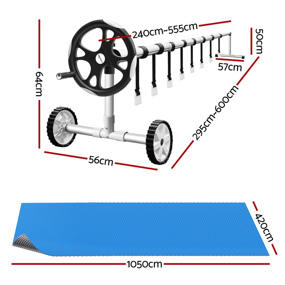 Pool Cover 600 Micron 10.5x4.2m | LDPE Solar Heat Blanket with 5.55m Roller | Blue Swimming Pool Cover