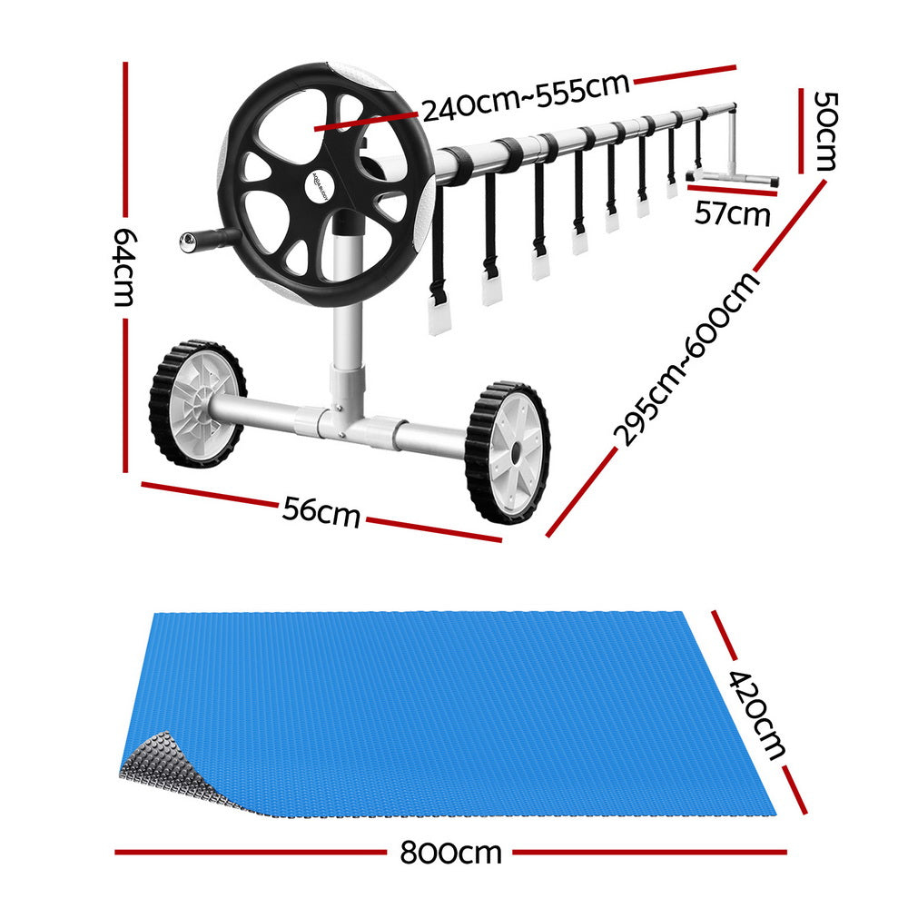 Pool Cover 600 Micron 8x4.2m | LDPE Solar Heat Blanket with 5.55m Roller | Blue Swimming Pool Cover