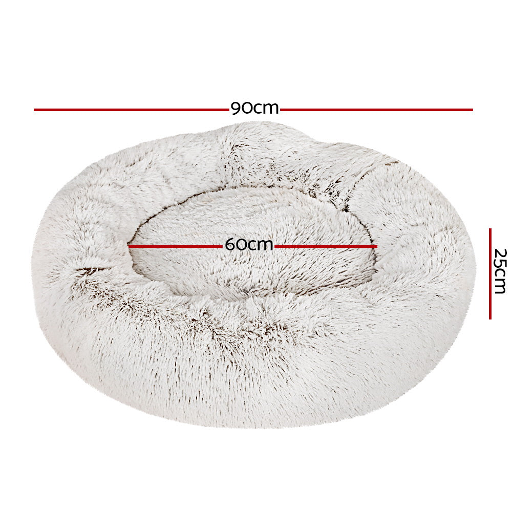 Pet Bed Dog Cat | 90cm Large Calming Soft Plush White Brown