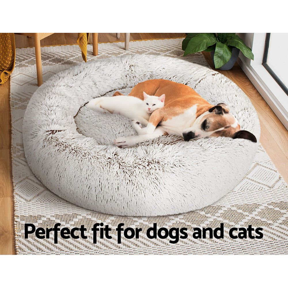 Pet Bed Dog Cat | 90cm Large Calming Soft Plush White Brown
