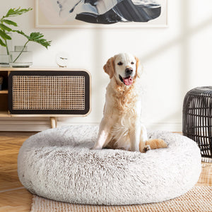 Pet Bed Dog Cat | 90cm Large Calming Soft Plush White Brown