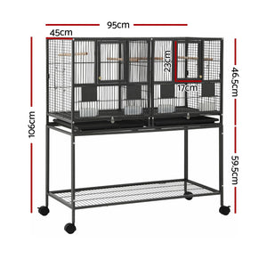 i.Pet 106cm 2-in-1 Bird Cage Aviary with Divider Parrot Budgie Wheels Black