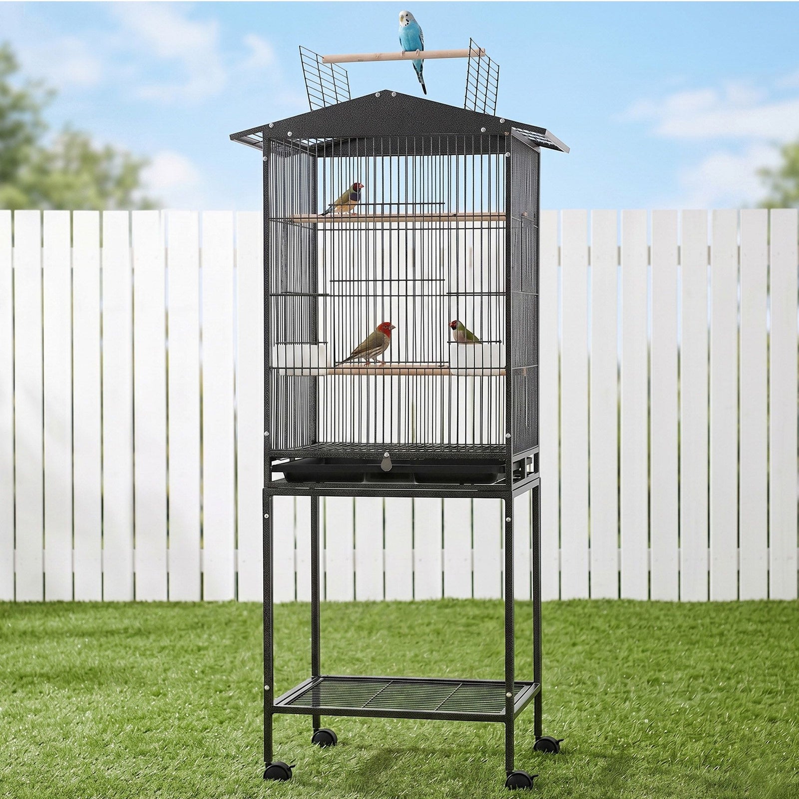Bird Cage Aviary | 136cm Open Top Parrot & Budgie Cage with Stand | Black