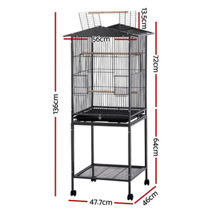 i.Pet 136cm Bird Cage Aviary Open Top Parrot Budgie Stand Wheels Black