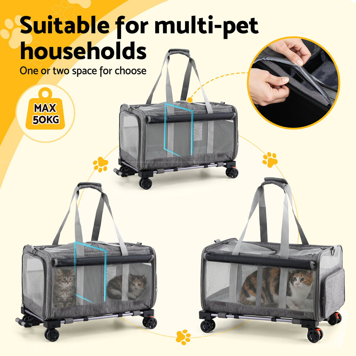 Pet Trolley Carrier | Swivel Wheels | Foldable Travel Stroller Bag | Grey