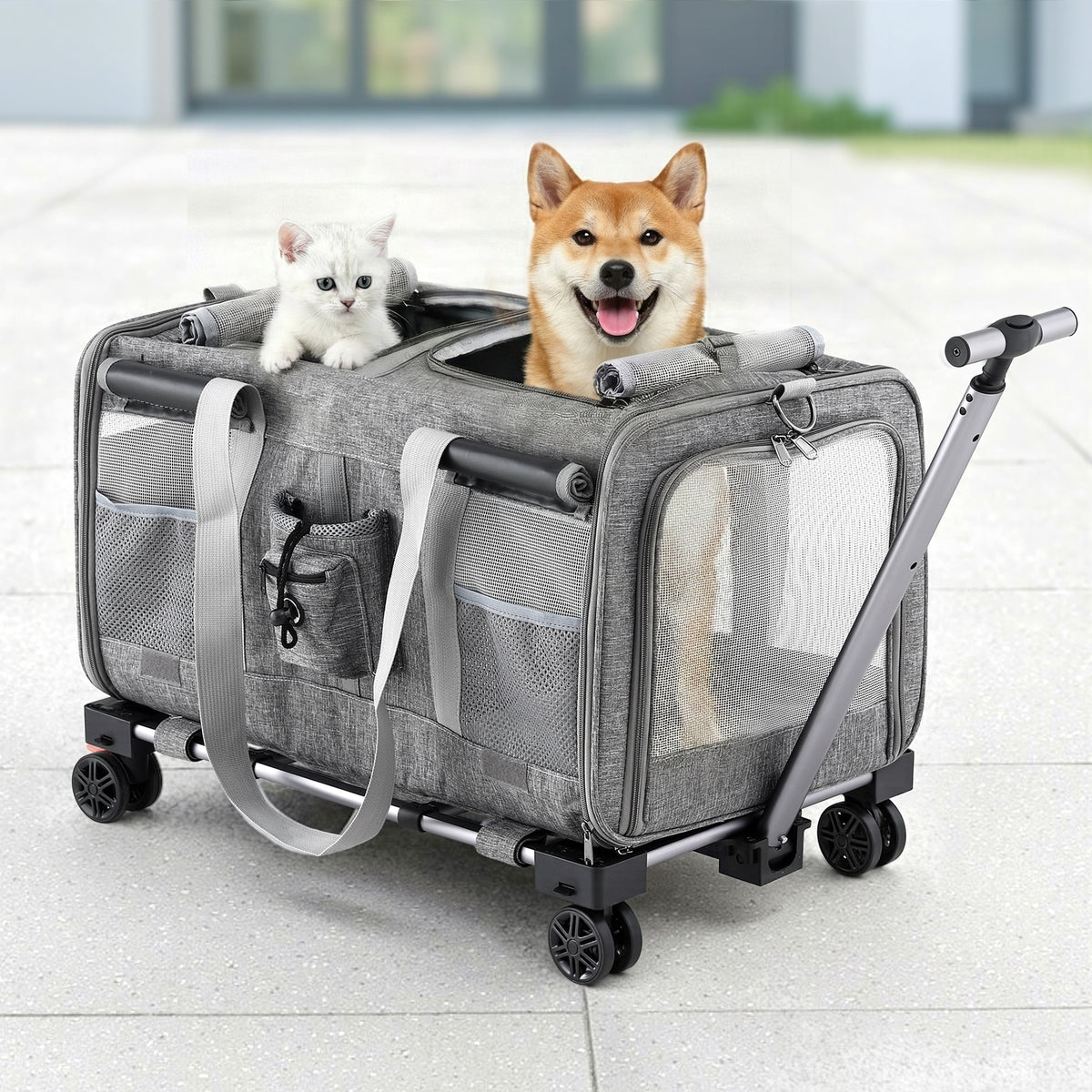 Pet Trolley Carrier | Swivel Wheels | Foldable Travel Stroller Bag | Grey
