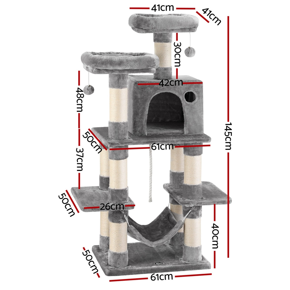 i.Pet Cat Tree | 145cm | Scratching Tower | Condo House | Light Grey