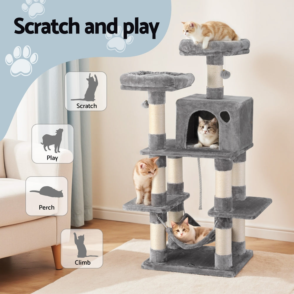 i.Pet Cat Tree | 145cm | Scratching Tower | Condo House | Light Grey